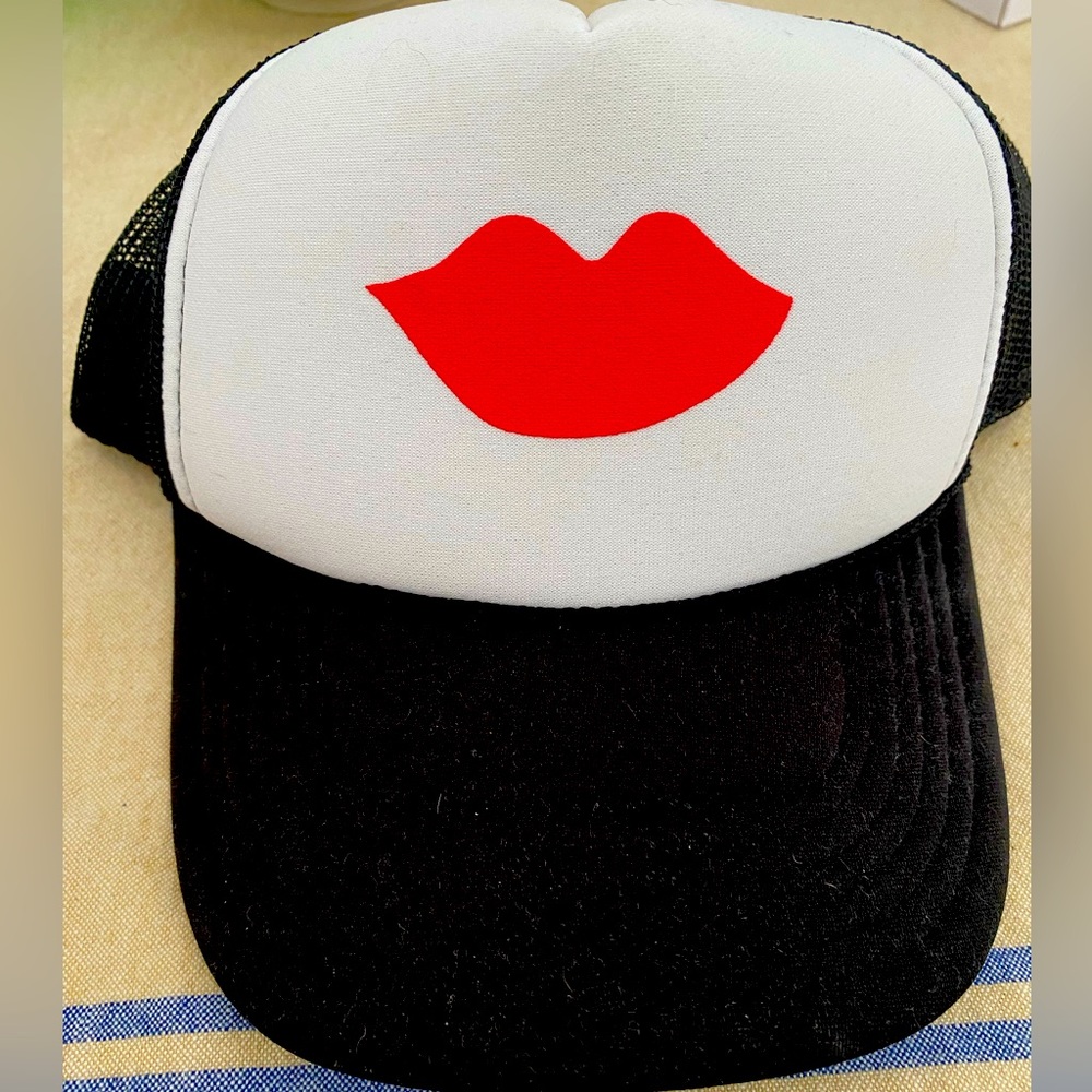 Clare V Black and White Trucker Hat with Red Lip Graphic